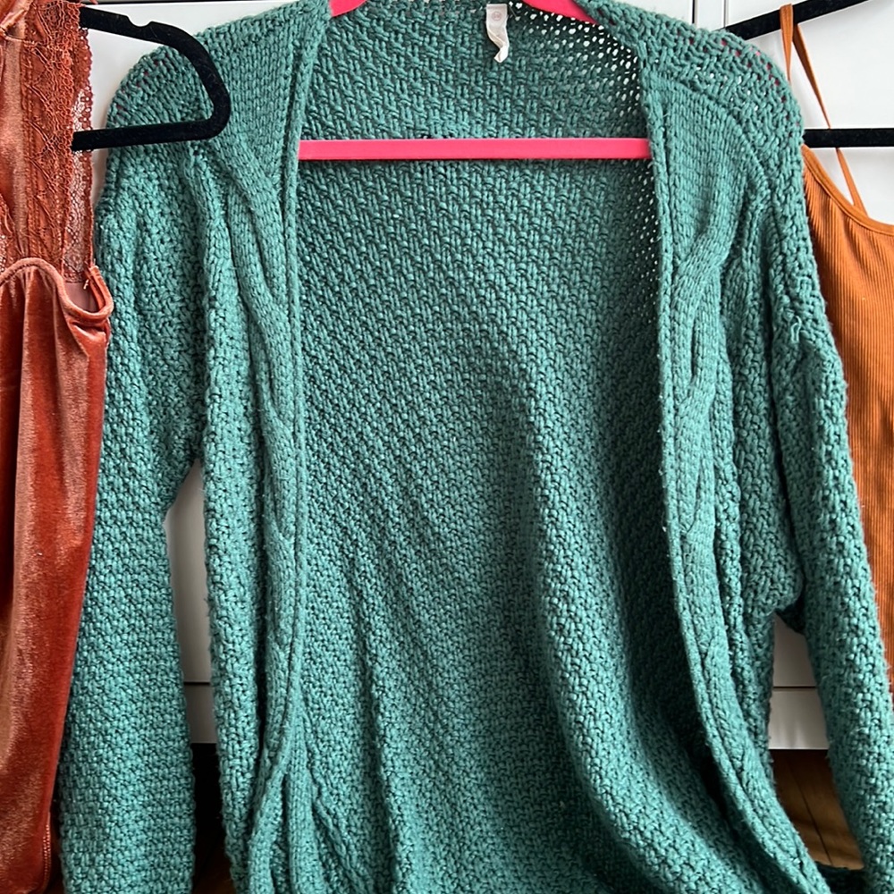 turquoise cardigan